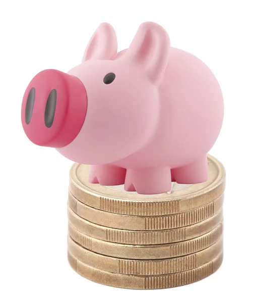 Sparschwein steht auf Stapel Euro-Münzen — Stockfoto