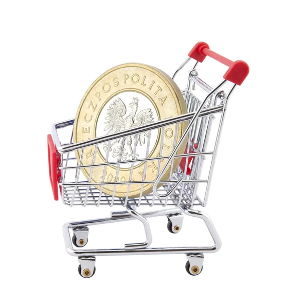 Shopping cart with polish coin on white background — Stock Photo, Image