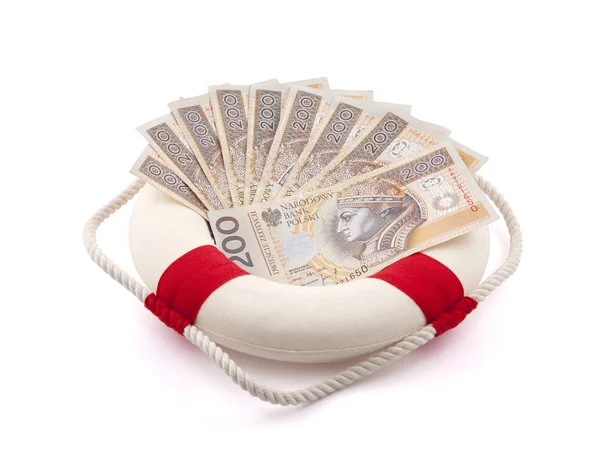 Polish money in lifebuoy with clipping path — Stock Photo, Image