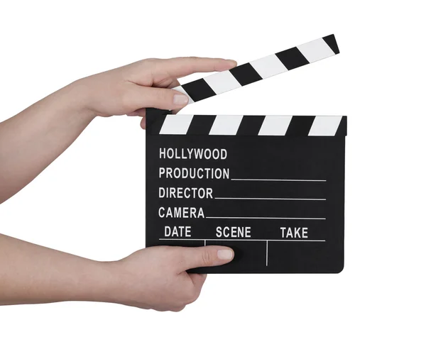 Hands holding a film clapperboard with clipping path — Stock Photo, Image