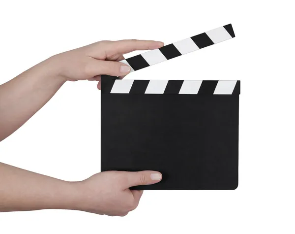 手中持有与剪切路径的电影 clapperboard — 图库照片