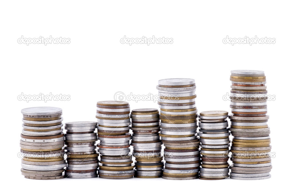 Stacks of various coins with clipping path