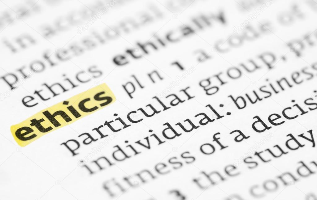 The word ethics highlighted in a dictionary