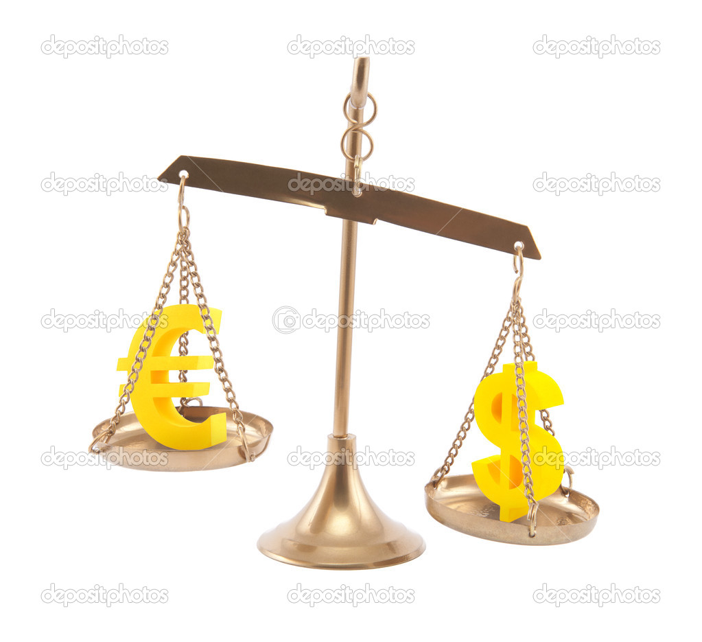 Euro and Dollar signs on scales isolated on white