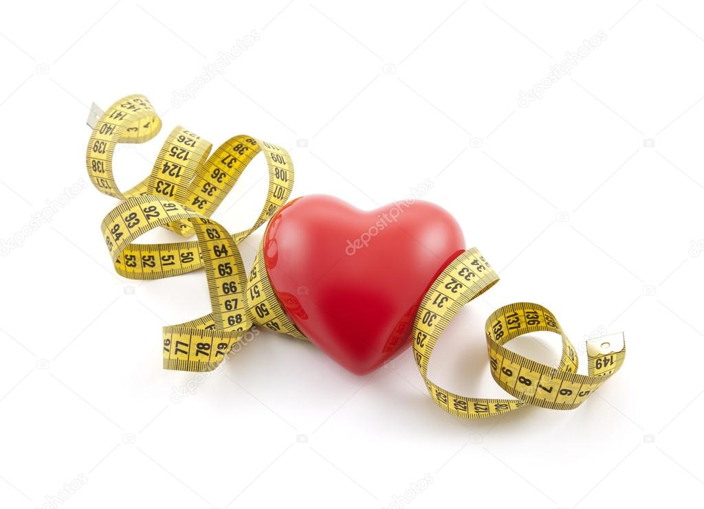 Red heart with yellow tape measure. Clipping path included.