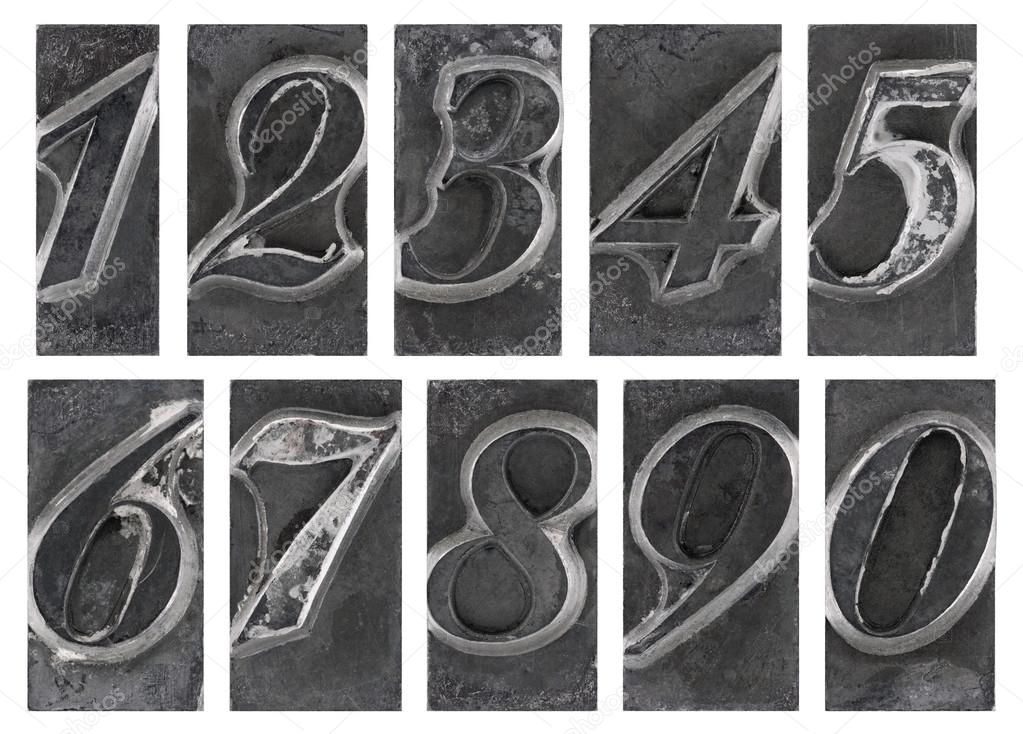 Old metal type numbers isolated on white