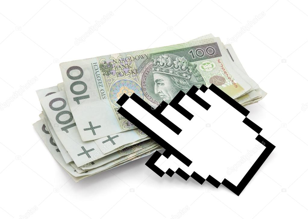 Computer hand cursor with polish money.