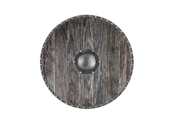 Stare Drewniane Okrągłe Tarcze Izolowane Białym Tle Ścieżką Wycinania — Zdjęcie stockowe