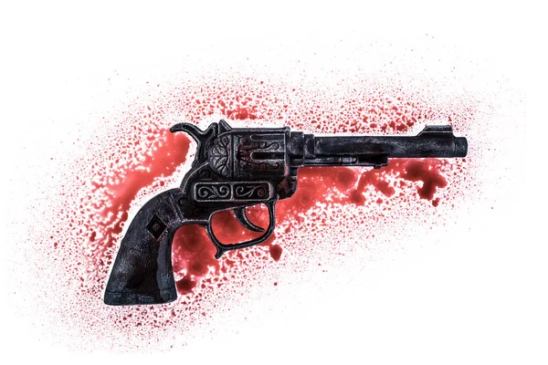 Old Black Revolver Gun Red Blood White Background — Stockfoto