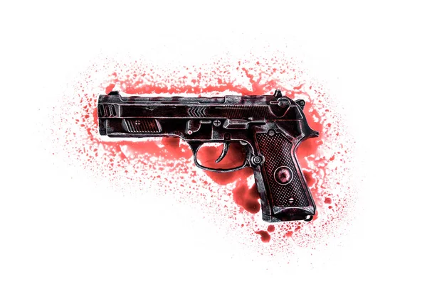 Pistola Negra Vieja Sangre Roja Sobre Fondo Blanco Con Camino — Foto de Stock