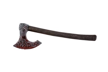Medieval ax in red blood isolated on white background with clipping path