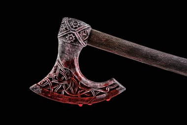 Medieval ax in red blood isolated on black background with clipping path