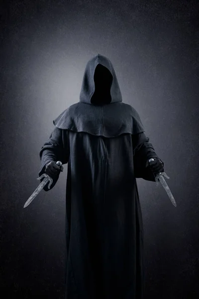 Hooded Assassin Two Daggers Dark — Stock Photo, Image