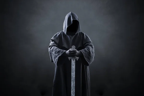 Warrior Hooded Cape Medieval Sword Dark Misty Background — Stock Photo, Image