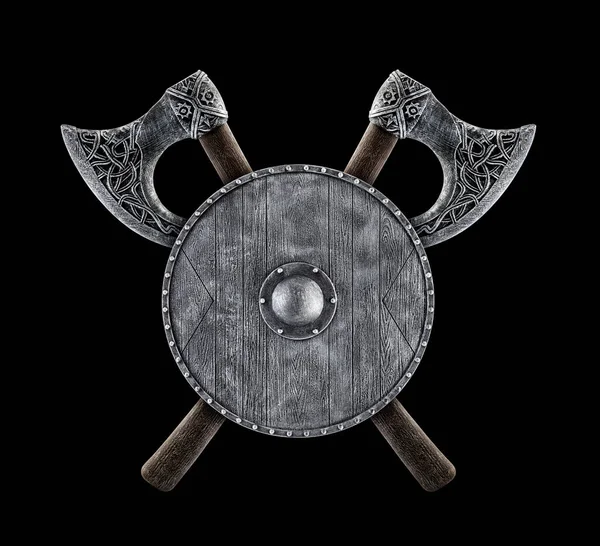 Shield Two Crossed Axes Isolated Black Background — Stock Photo, Image