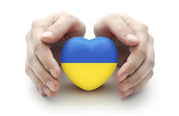 Händer Som Täcker Ukrainska Hjärta Vit Bakgrund — Stockfoto