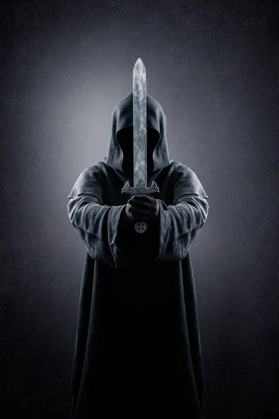 Warrior Hooded Cape Medieval Sword Dark Misty Background — Stock Photo, Image