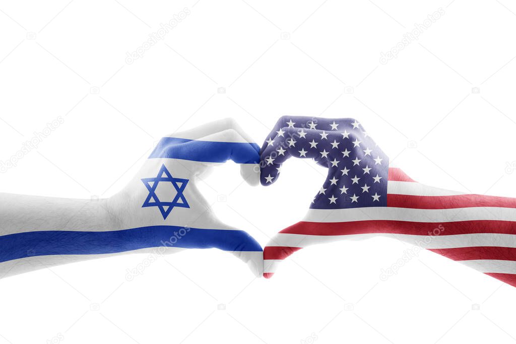 Two hands in the form of heart with United States and Israeli flag isolated on white background with clipping path