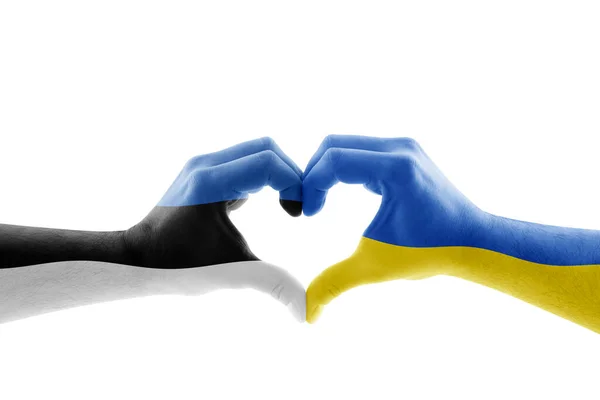 Two Hands Form Heart Estonian Ukrainian Flag Isolated White Background — Stock Photo, Image