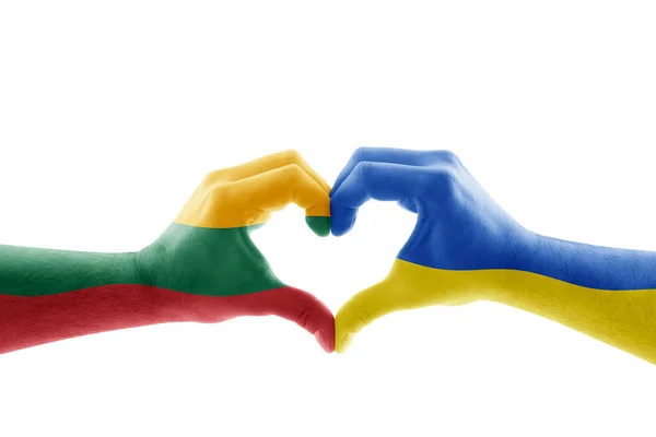 Två Händer Form Hjärta Med Litauiska Och Ukrainska Flagga Isolerad — Stockfoto
