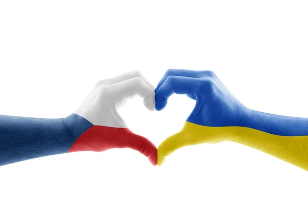 Två Händer Form Hjärta Med Tjeckiska Och Ukrainska Flagga Isolerad — Stockfoto