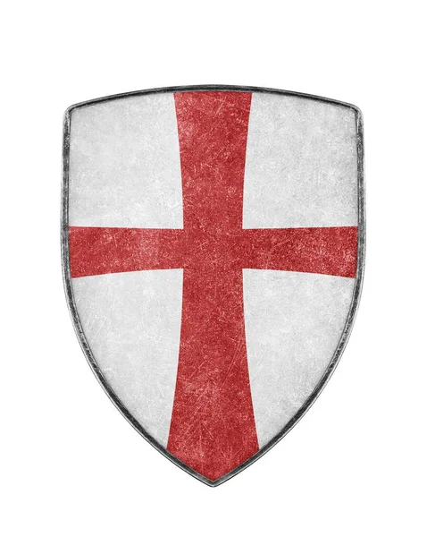Old Metal Crusaders Shield Red Cross Isolated White Background — Stock Photo, Image