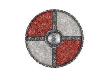 Beyaz arka planda izole edilmiş eski metal yuvarlak kalkan