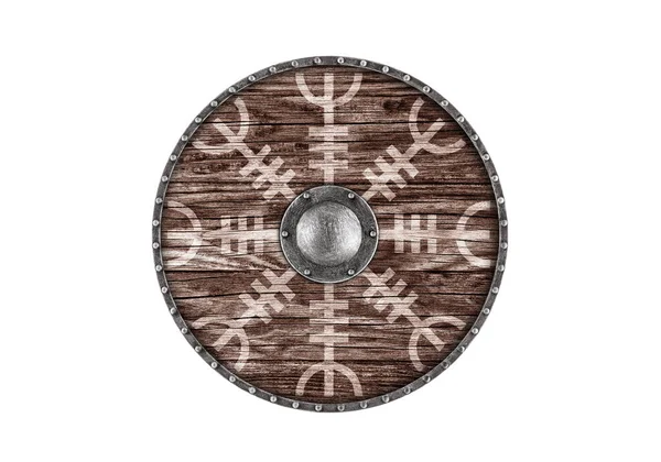 Stare Ozdobione Drewniane Okrągłe Tarcze Izolowane Białym Tle — Zdjęcie stockowe