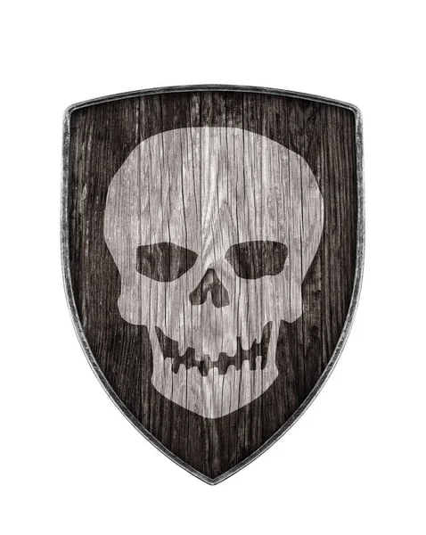 白地に頭蓋骨が隔離された暗い木製の盾 — ストック写真