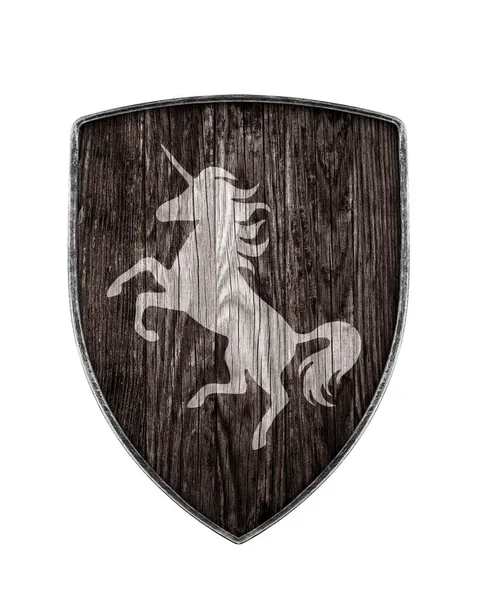 Escudo Madera Oscura Con Unicornio Aislado Sobre Fondo Blanco —  Fotos de Stock