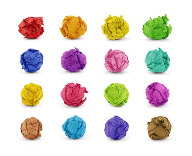 Beyaz arkaplanda buruşuk renkli kağıt top seti