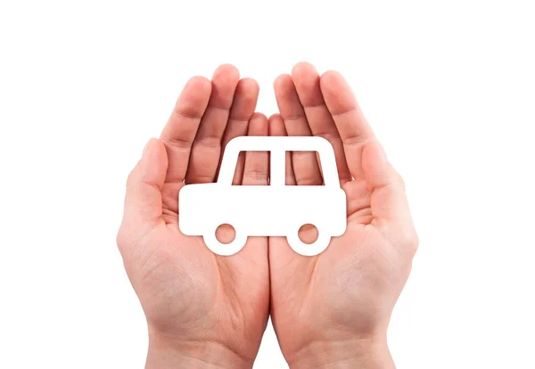 Car Protection Small Paper Car Cutout Covered Hands — Stock Photo, Image
