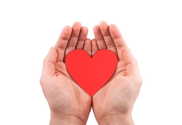 Papel Recorte Coração Vermelho Mãos Isoladas Sobre Fundo Branco Com — Fotografia de Stock