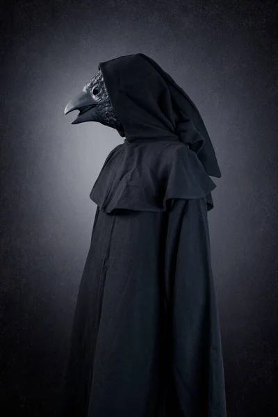Pássaro Preto Com Capuz Capa Noite Sobre Escuro Neblina Fundo — Fotografia de Stock