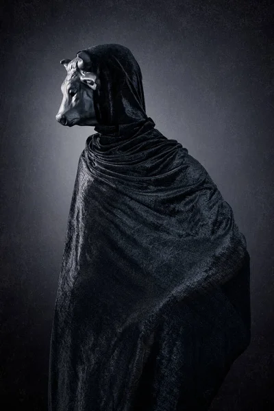 漆黑的雾蒙蒙的背景下 夜间头戴头巾的黑牛 — 图库照片