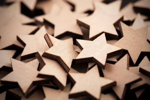 Groep Kleine Houten Sterren Macro Shot Kerst Achtergrond — Stockfoto