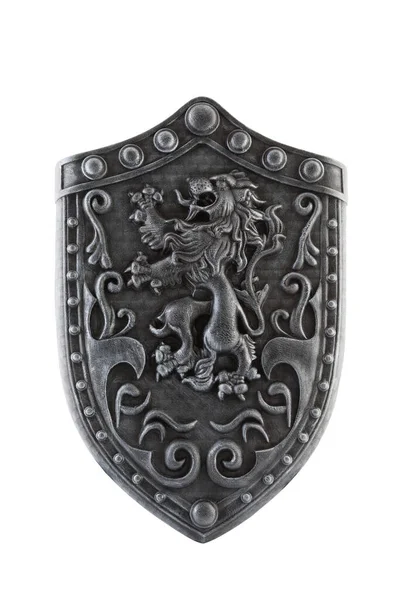 Antiguo Escudo Medieval Decorado Con León Aislado Sobre Fondo Blanco — Foto de Stock