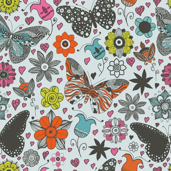 Vector seamless pattern with butterflies and flowers. — Stock Vector