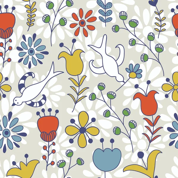 Бесшовный векторный рисунок с цветами и птицами — стоковый вектор