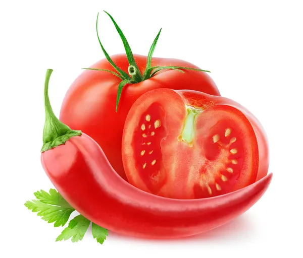 Fresh tomatoes and hot pepper — Stock Photo, Image