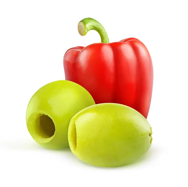 Pitted green olives and red bell pepper — Stock Photo, Image