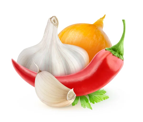 Chili pepper, onion and garlic — Stock Photo, Image