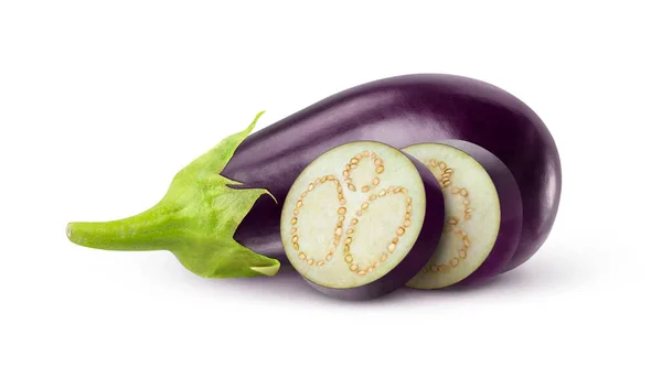 Isolated Eggplants One Raw Black Aubergine Two Slices Isolated White — Stock Photo, Image