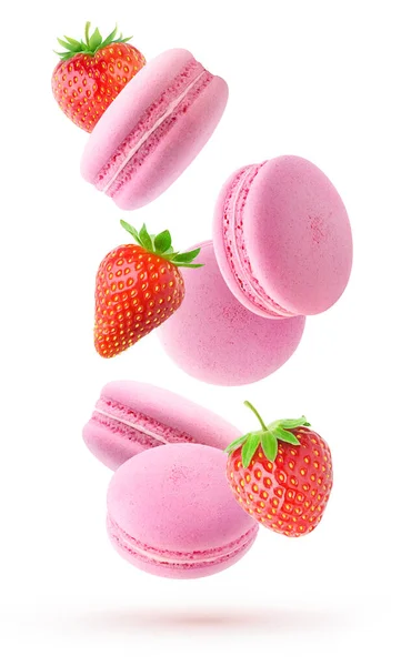 Macaroons Frutas Isolados Macaroons Cor Rosa Queda Straberries Frescos Isolados — Fotografia de Stock