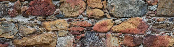 Antiguo Muro Piedra Edificio Abandonado Piedra Natural Multicolor Áspera Panorama —  Fotos de Stock