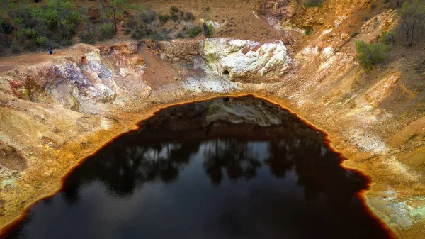 キプロスのマタティスにある酸性の赤い湖 その奇妙な赤と黄色の色は 露天掘り銅鉱山でのパイライト鉱石抽出の結果です — ストック写真