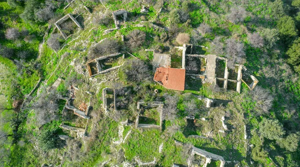 Ruinas Casas Piedra Tradicionales Despoblación Rural Chipre Vista Aérea Directamente — Foto de Stock