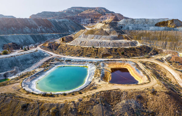 Multicolored reservoirs at Skouriotissa copper mine in Cyprus