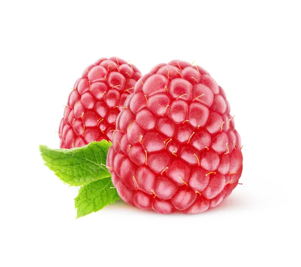 Two Fresh Raspberries Isolated White Background Leaf — Stock Photo, Image
