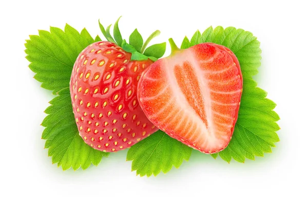 Isolated Strawberries Strawberry Fruit Cut Half Isolated White Background Green — Stock Photo, Image